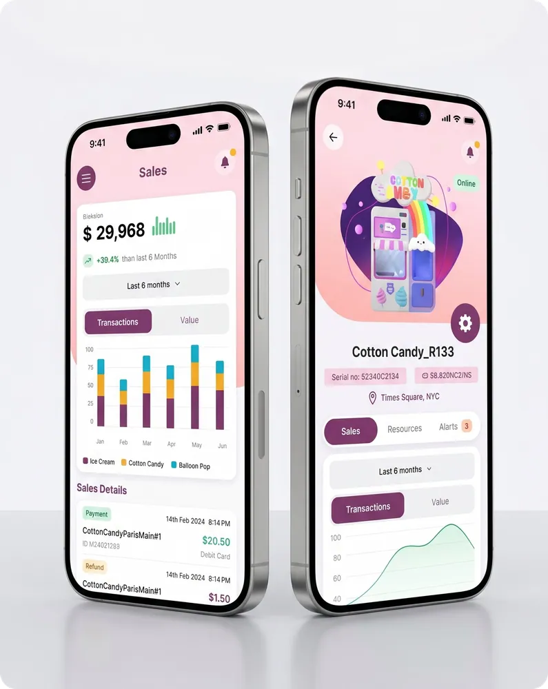 Sweet Robo smart operator app showing live machine data on phones