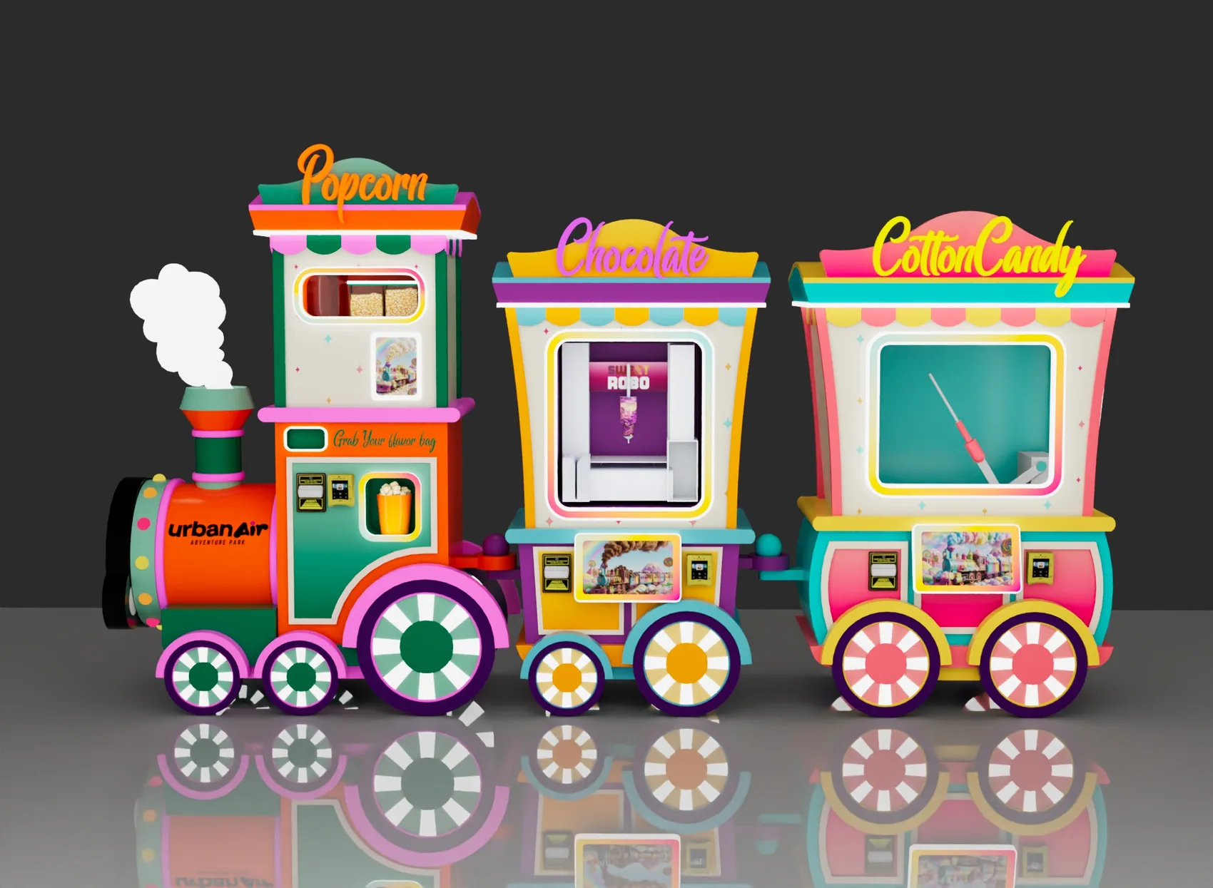 A three-car custom vending machine train concept - popcorn, chocolate and cotton candy
