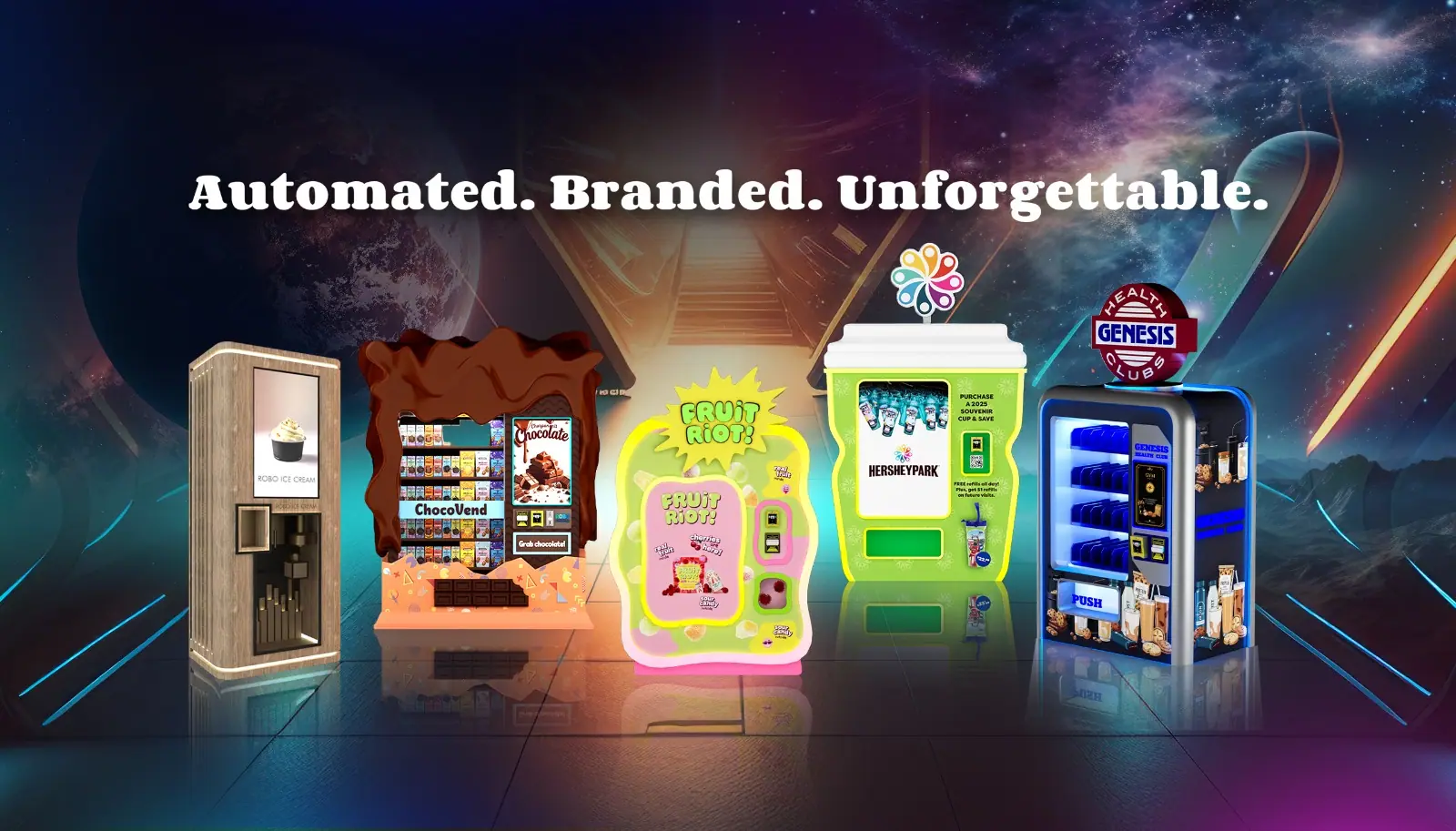 A lineup of custom vending machines Sweet Robo designed and built: Robo Ice Cream, ChocoVend, a Fruit Riot frozen-treat machine, a Hersheypark souvenir-cup machine and a Genesis Health Clubs machine
