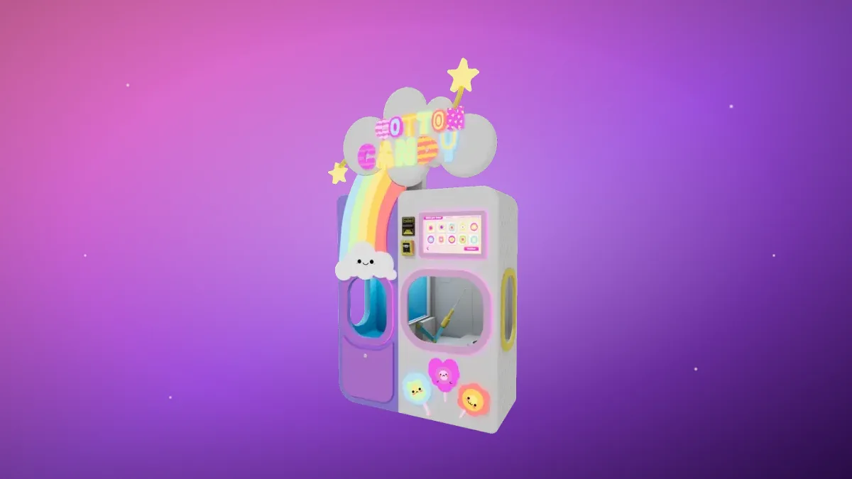 Sweet Robo robotic cotton candy vending machine on a candy-colored backdrop