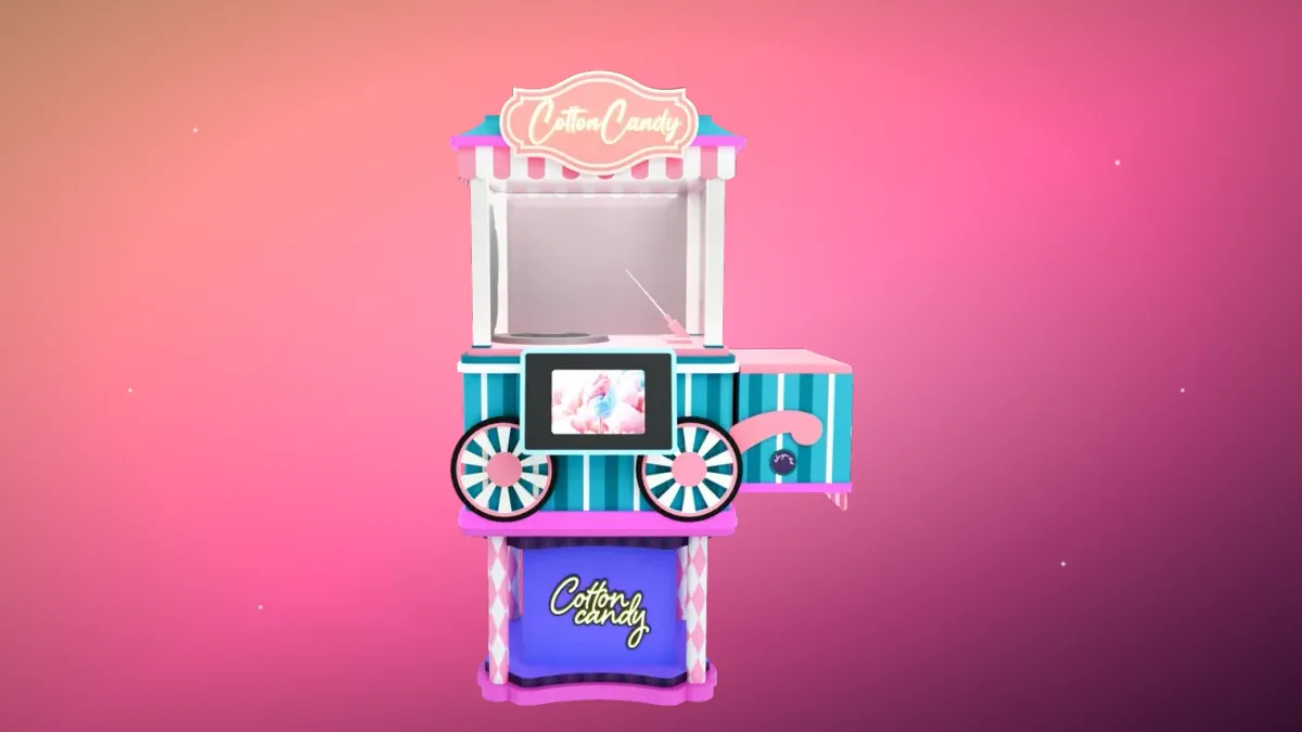 Sweet Robo mini robotic cotton candy vending machine on a candy-colored backdrop