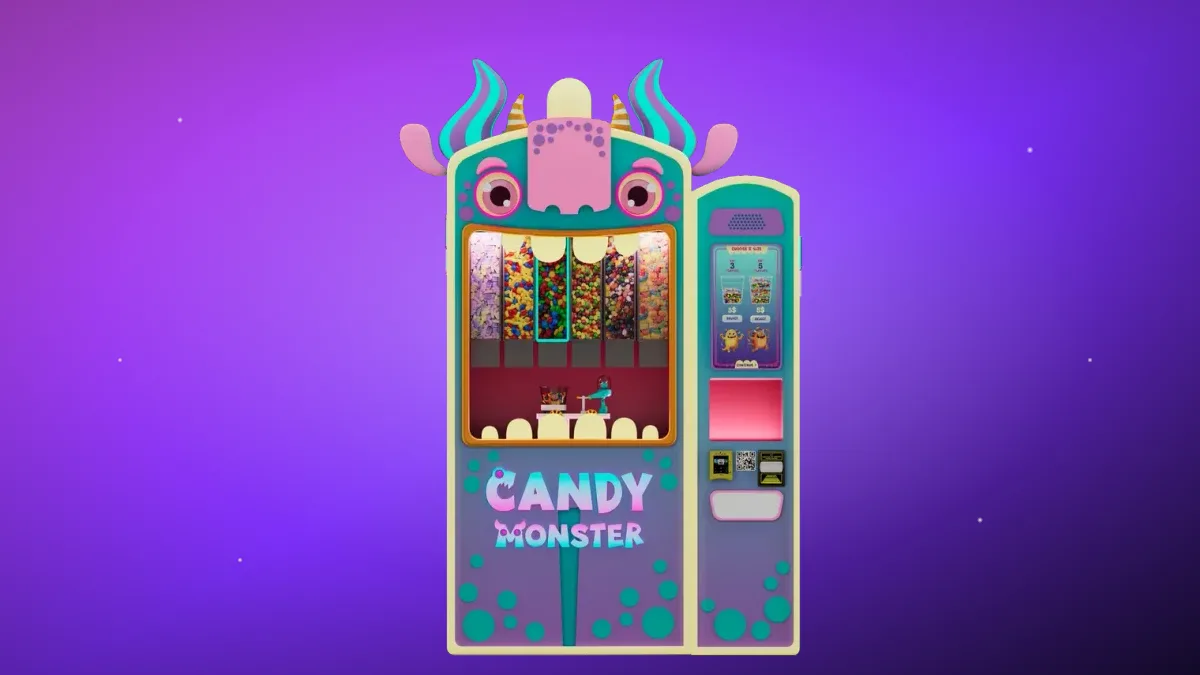 Sweet Robo Candy Monster robotic vending machine on a violet backdrop